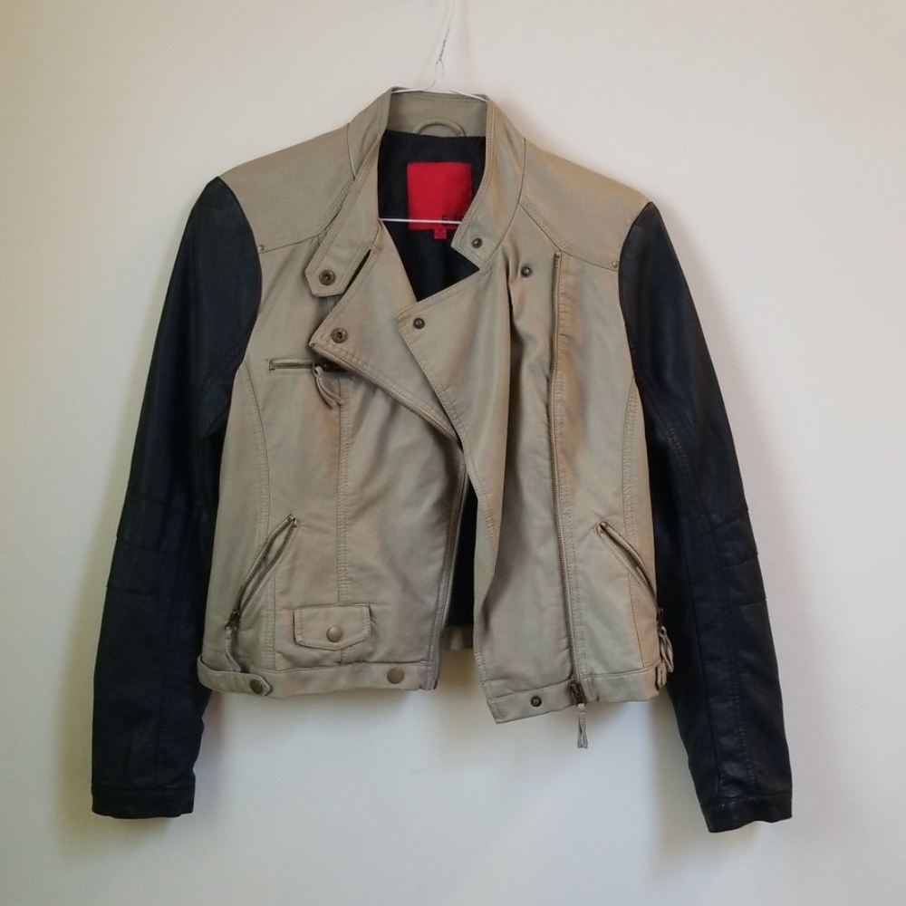 Two tone vegan leather biker jacket